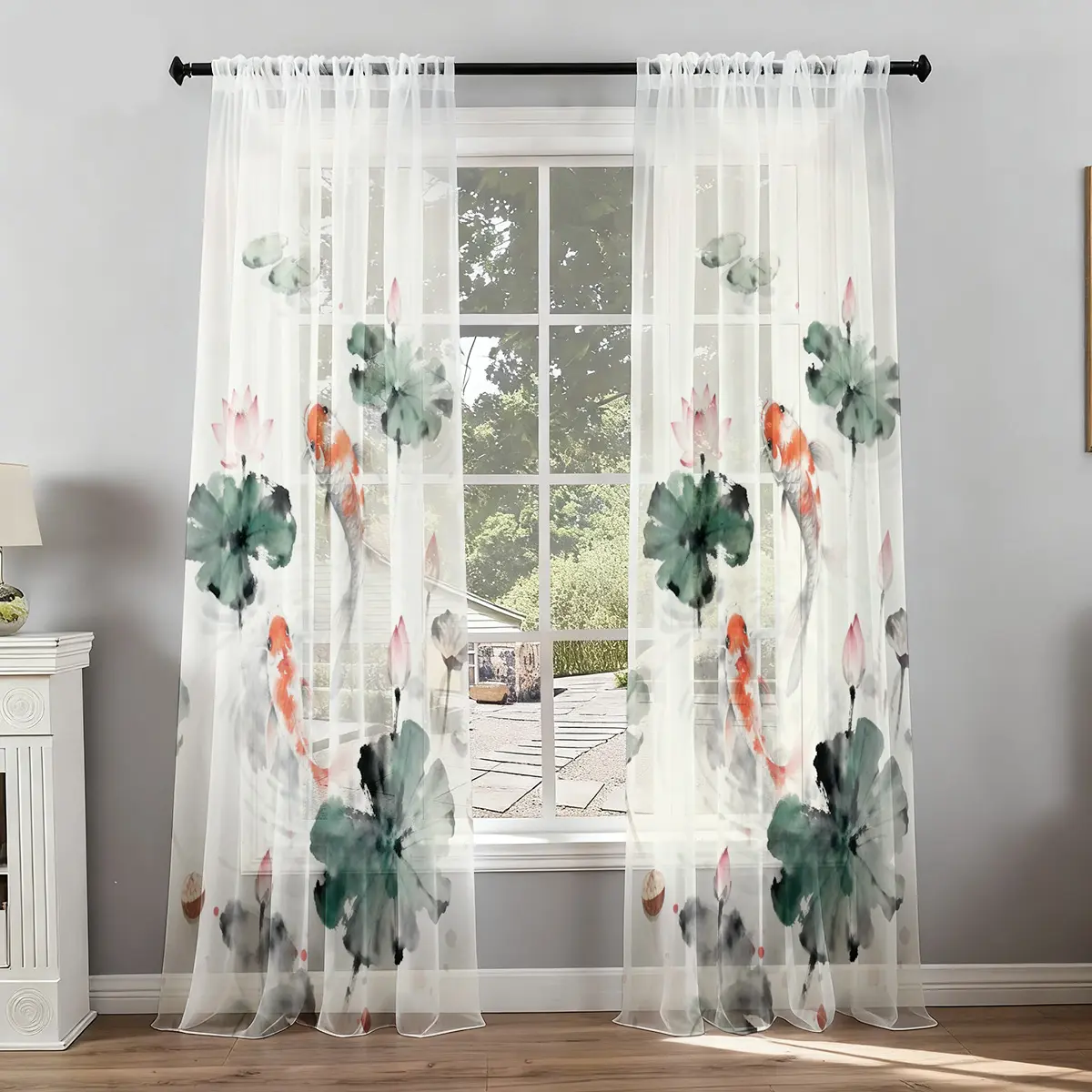 2pc Koi fish pattern, Home decoration curtain, Window Curtain, suitable for all seasons, transparent breathable polyester fabric, decorative rod pockets for home, easy to hang, vertical pattern, privacy semi-transparent sheer curtain