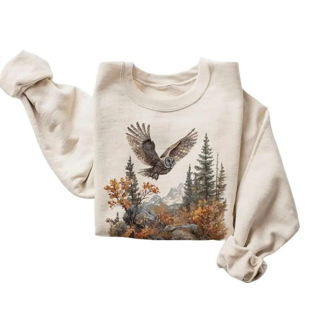 Retro Owl Printed Sweatshirt, Unisex 90s Vintage Style Long Sleeve Cotton Polyester Crewneck with Mountain Scene