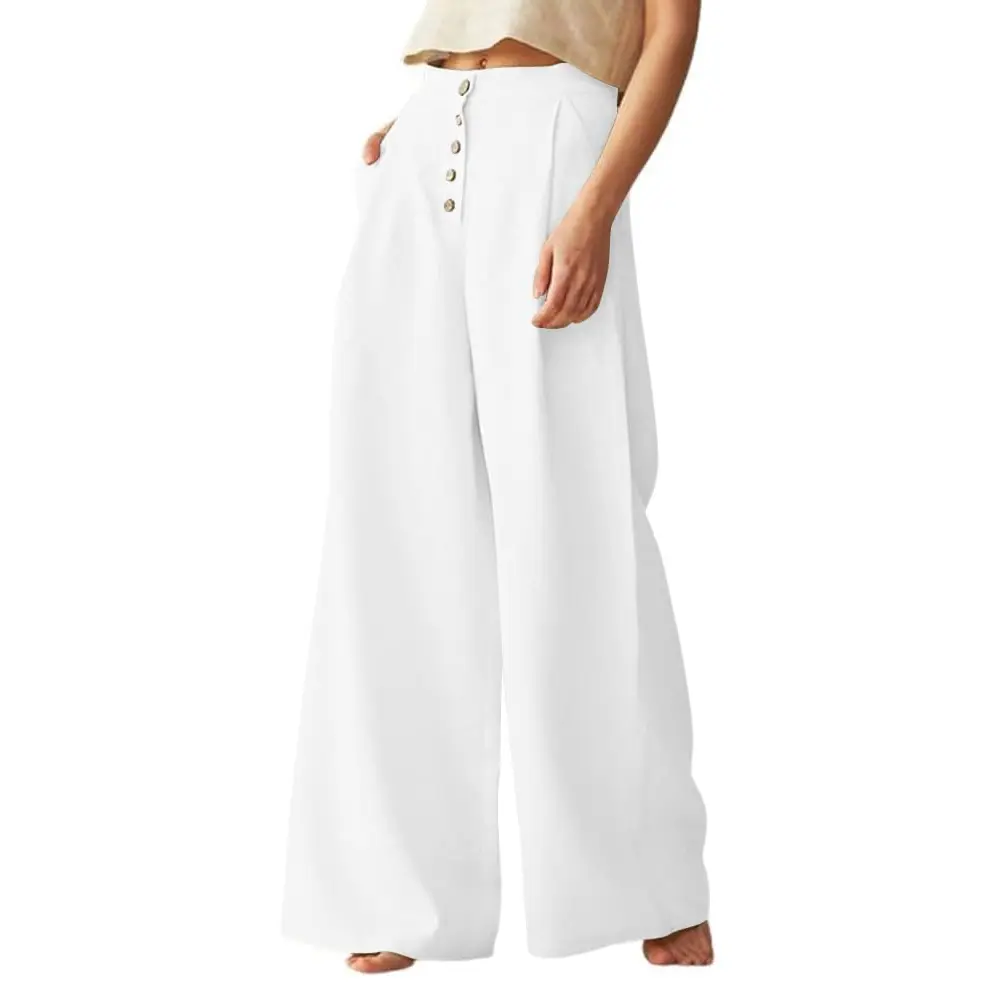 Chouyatou Women's Soft Lightweight Cotton Linen High-Waisted Loose Wide-Leg Casual Bottom Pants with Pockets, Simple Design, Comfy, Fabric, Fit, Baggy, Button, Solid, Bootcut, Plus Size, Loose Fit Wide Leg Pants, High Waisted Wide Leg Pants