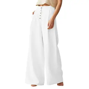Chouyatou Women's Summer High Waisted Cotton Linen Palazzo Wide Leg Casual Pants with Pockets