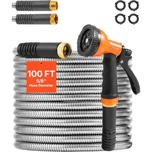 VEVOR Metal Garden Hose 200 ft, Heavy Duty Stainless Steel Water Hose with 10-Function Nozzle, No-Kink Flexible Outdoor Garden Hose, Rust-Proof Lightweight Hose for Yard, RV, Car WashVEVOR Super Brand Day