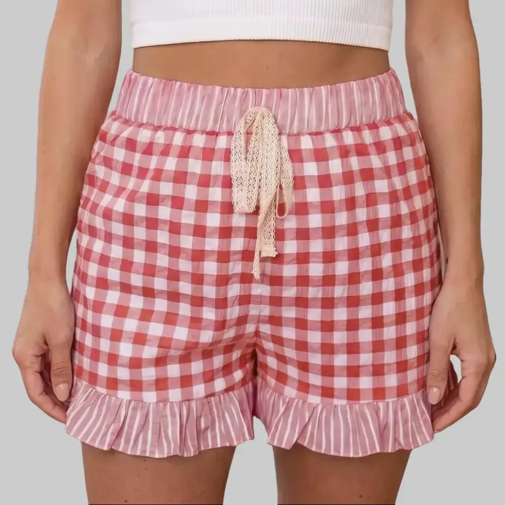 Vintage Gingham Plaid High Waist Shorts, 50% cotton elastic waist lace drawstring, ruffle hem preppy retro bottoms, tri-color checkered grid print, Y2K loungewear, picnic streetwear, lace tie shorts, TikTok vacation gingham pants