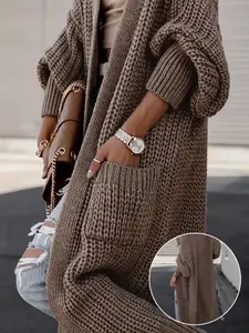 Women's Solid Color Open Front Long Cardigan, Casual Long Sleeve Outerwear for Fall & Winter, Women's Knit Clothing for Daily Wear, Knitwear