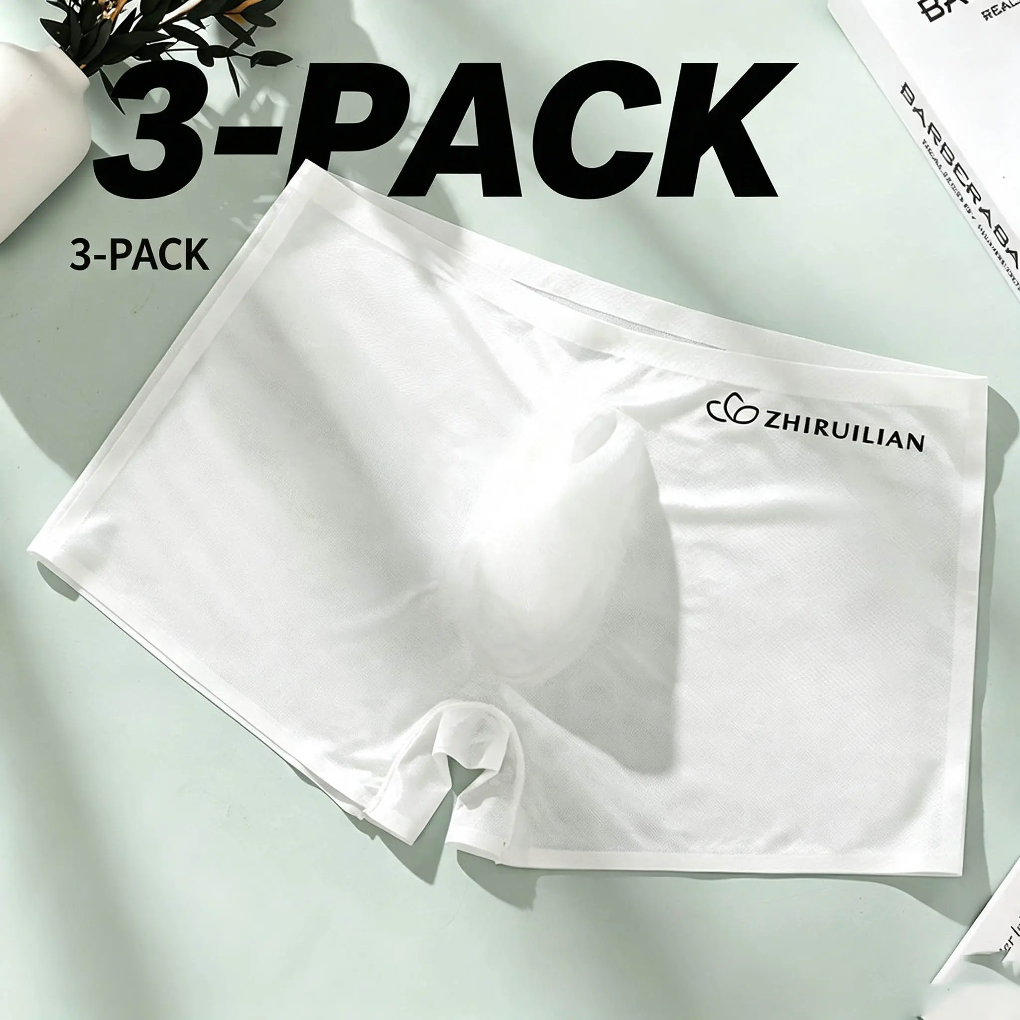 Men's 3D Pouch Seamless Ice Silk Boxer Briefs - Breathable Undergarments, Airy Wear, Ultra-Thin, Smooth, Sleek Fit, See-Through Look, No-Show, Figure-Flattering Natural Underwear