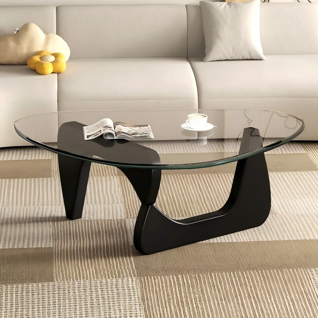 Sumimervibes Mid-Century Modern Coffee Table - Triangular Glass Top, Natural Oak Base, Storage Space, Clean Aesthetic 60s Style Sturdy Minimalist Indoor Furniture for Living Room, Office (Abstract End Table)
