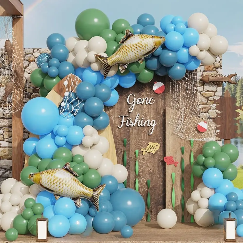 Fishing Birthday Party Decorations 145 count Blue Gone Fishing Balloon Garland Arch Kit with Gaint Fish Balloons for Fishing Themed  Shower Party Decorations