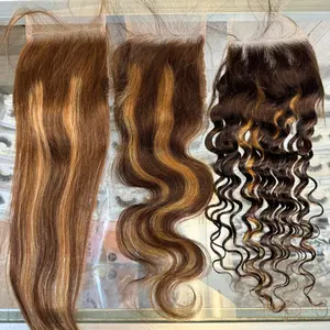 [We Heart Hair] 5x5 Honey Blonde Highlight Swiss Lace Pre Plucked Human Hair Closure 100% Virgin Human Hair with Wavy Texture, Deep Wave or Straight