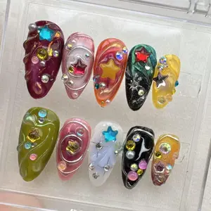 SUMMER 10Pcs Handmade Press On Nails REUSABLE Gel Acrylic Nails, Crazy Star Full Cover Press On False Nails, Glitter Galaxy Party Look