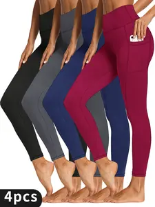4-Pack Women's Compression Leggings with Side Pockets - High Waist Shaping, Yoga Workout, Thermal Fitness Pants, Multiple Colors