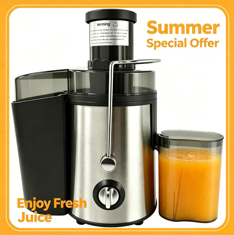 Centrifugal juicer with a wide feed slot for high juice yield, copper motor and titanium-coated filter, easy to clean, 3 speeds, BPA-free, stainless steel centrifugal extractor with a large diameter feeding opening, suitable for fruit and vegetable juices