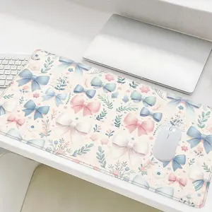 Floral & Bow Pattern Mouse Pad, Rectangle Gaming Mouse Pad, Non-Slip Rubber Base Stitched Edge Desk Pad for Desk Laptop Desktop Cute Desk Accessories
