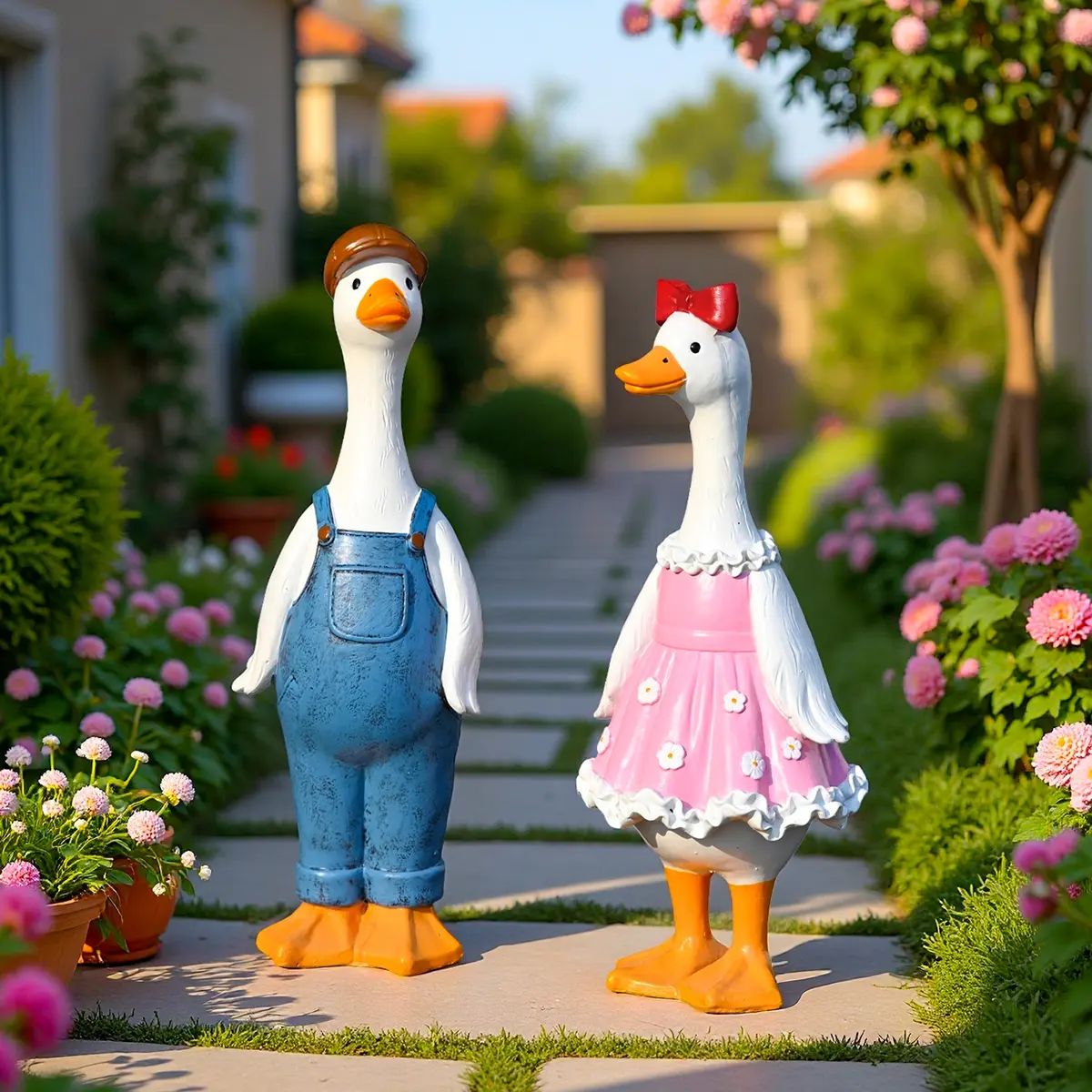 Hand-Painted Weatherproof Resin Duck Garden Statue - Whimsical Cowboy & Pink Dress Figurines, Decorative Outdoor Home Improvement Decor for Lawns, Patios, July Gift