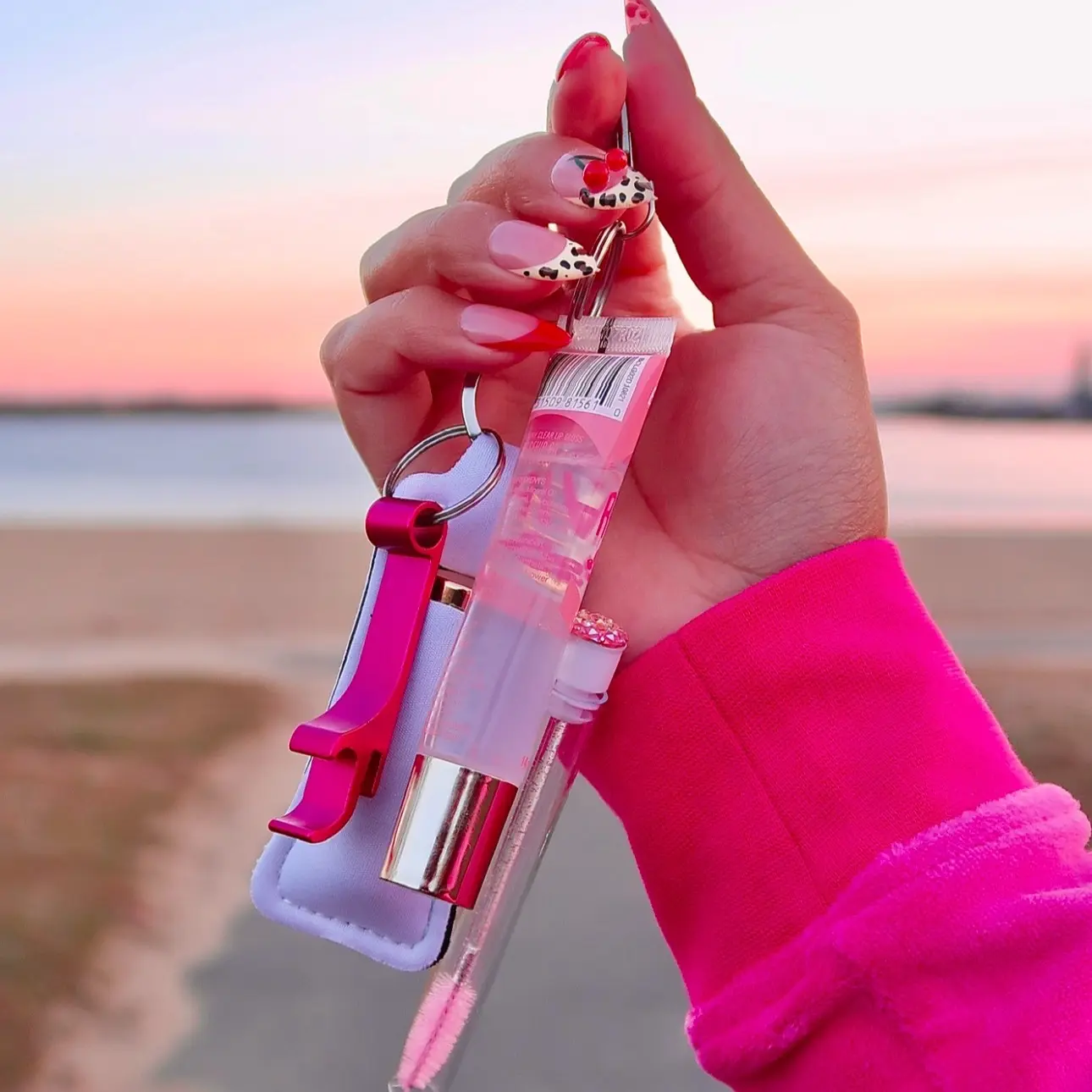 Lispalacee Multi-Use Keychain Nail Set with Lipgloss, Eyelash Brush, Hydrating Cuticle Oil & Opener, Includes Keyring