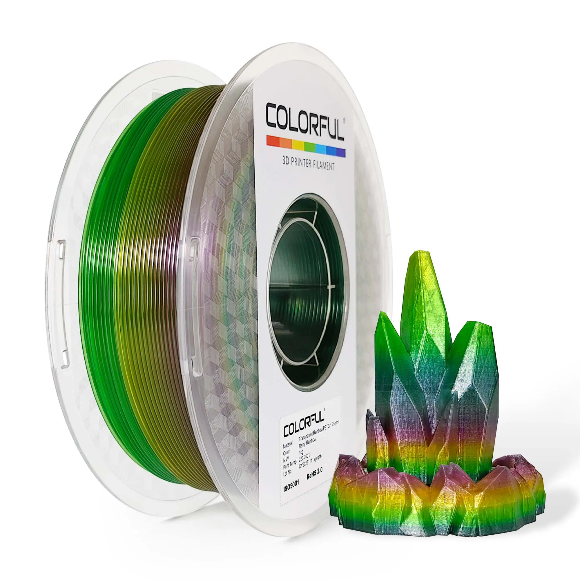 Colorful - Transparent Rainbow PETG 3D Printer Filament - Premium Gradient Color Shift, High Clarity, Strong Layer Bonding, Easy Printing, Ideal for Crystals, Lamps & Artistic Models, 1kg Spool