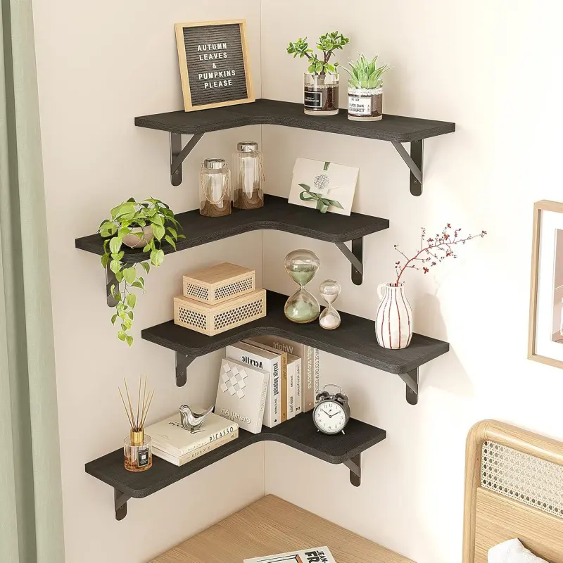 Set of 4 Corner Shelves for Storage Organizing, Black Rustic Wood Hanging Shelves for Display, Easy Install for Bathroom Kitchen Bedroom Living Room, Floating Corner Shelf