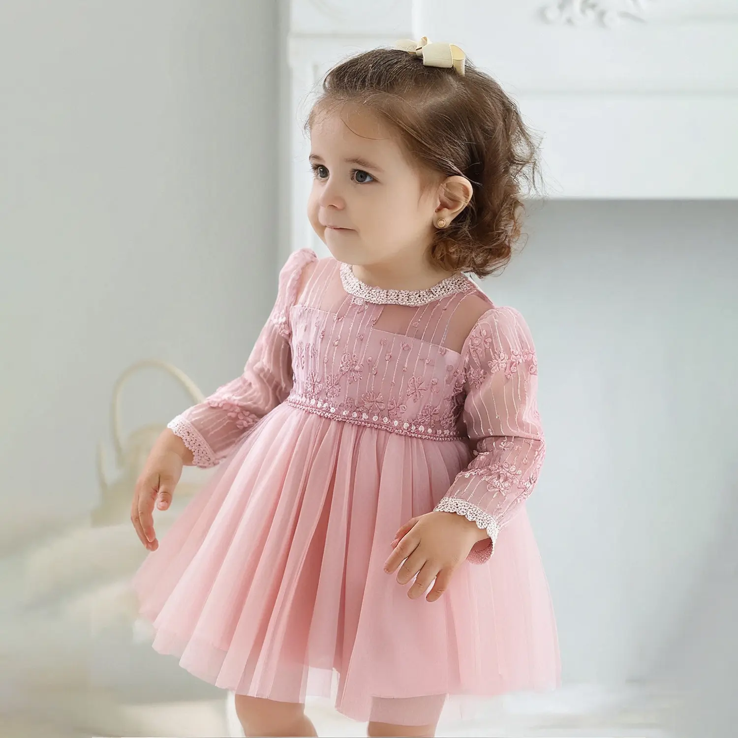 Baby Christening Dress for Floral Long Sleeve 0-3 Years Baby Girls Lace Clothes White Newborn Wedding Christening Dress Children's First Birthday