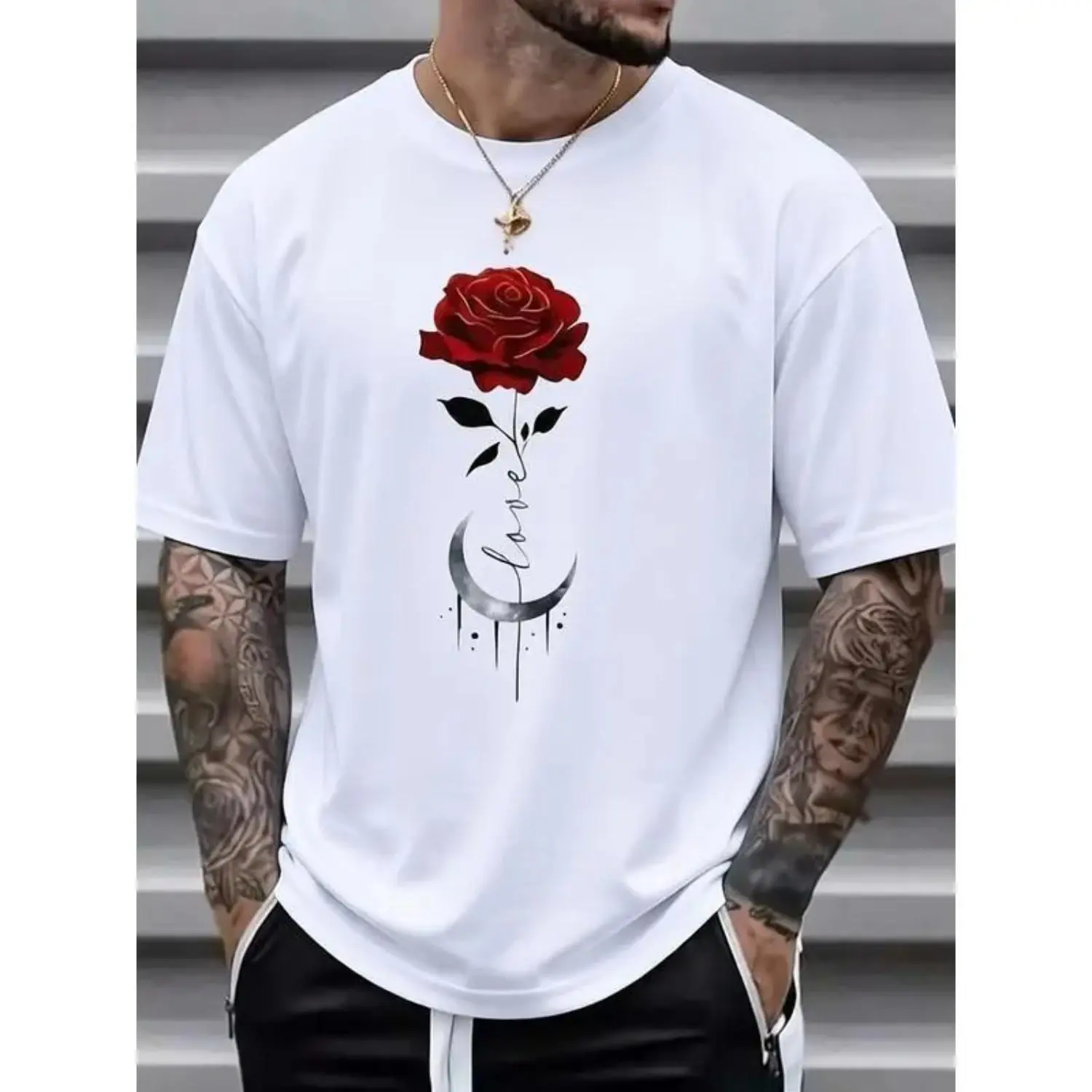 1 piece, 100% pure cotton rose print T-shirt for men, casual trendy all-season crew neck short-sleeve pure cotton T-shirt, streetwear luxury fashion T-shirt, Christmas, Halloween, and Thanksgiving gift