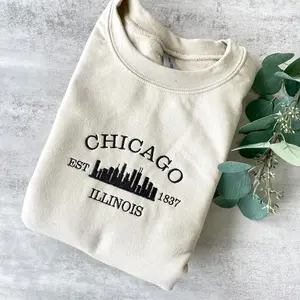 Chicago Embroidered Sweatshirt, Chicago Illinois Crewneck, Aesthetic City Skyline Pullover, Graphic Embroidered Sweater