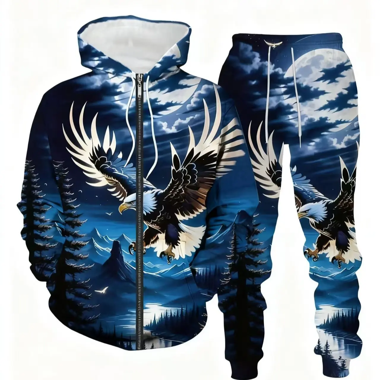 Male Long Sleeve Fitted Normal Type Personalized Athletic Eagle Pattern Zippered Casual Sportswear Set - Fashionable, Comfortable, Breathable, Machine Washable - Suitable for Sports, Leisure Trips (Spring-Autumn, Cold Wash, Cool Iron, Do Not Bleach), Oute