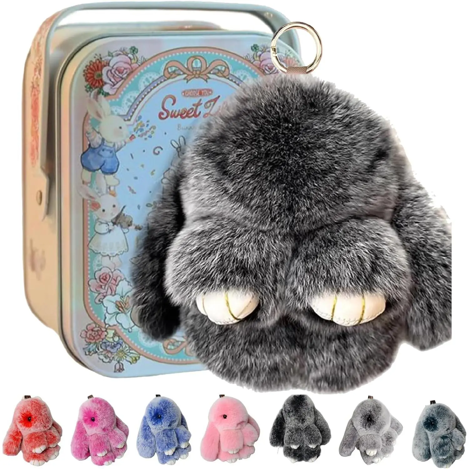 Keychain with Box, Bunny Keychain with Tin, BunnyCute Plush Key chain, Fluffy Car Charm for Bags & Backpacks