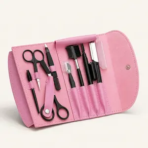 8PCS Professional Eyebrow Grooming Kit - Compact Cosmetic Brow Shaping Set with Stainless Steel Tweezers, Razor, Scissors, Brush, Black Tools, Smooth Storage Portable Pink Pouch for Men, Daily Use, Ideal Gift