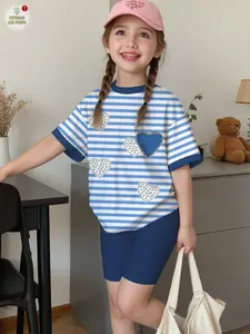 Girls' 2-Piece Summer Clothing Set, Striped Heart Print T-Shirt & Shorts, Casual Everyday Wear, Perfect for Parties & Holidays