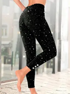 Plus Size Women's Casual Starry Sky Shiny Fashion Pants, Stretchy Soft Leggings, All Seasons Wearable, Stylish European and American Design