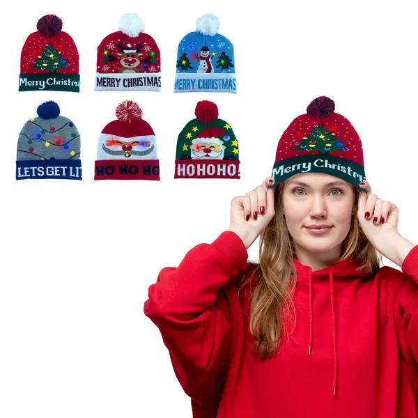 2 Pack- Vibrant LED Light Christmas Santa Pom Pom Beanie - Warm Comfortable Acrylic Knitted Hat with Colorful Flashing Lights