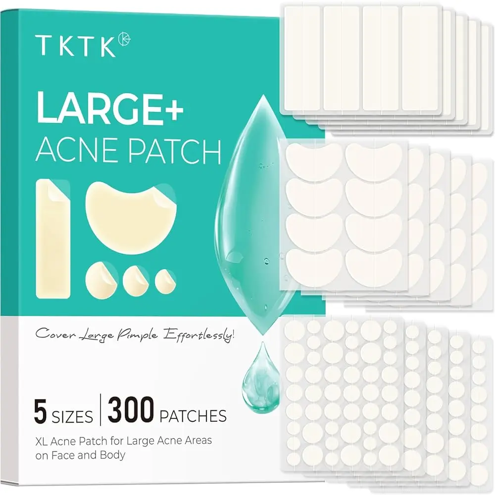 TKTK  Large Pimple Patches for Face(Strip, Contoured, Dot 5 Sizes 300 Count) , Acne Patches 60 x 20 mm, XL Hydrocolloid Bandages for Forehead,Chin,Full Face,Back,Neck and Body Skincare,acne clearing products,pimple patch #Summervibes  tiktokshopspringgl