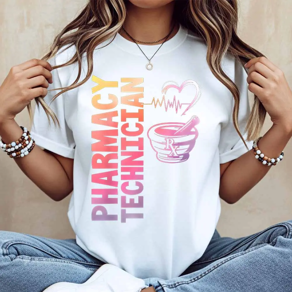 Pharmacy Technician Heart And Mortar And Pestle Print T Shirt Women Casual Short Sleeve Top
