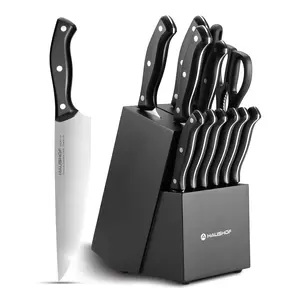 #Summervibes HAUSHOF 14 PCS Kitchen Knife Set With Block Wooden, Razor-Sharp Stainless Steel, Forged Triple Rivet, Chefs, Santoku, Slicing, Utility & 6 Steak Knives, Black