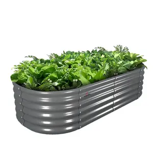 A ANLEOLIFE 6x2x1.5ft Grey Oval Galvanized Metal Raised Modular Garden Bed,Galvanized Planter Box Outdoor for Gardening, Vegetables, Flower