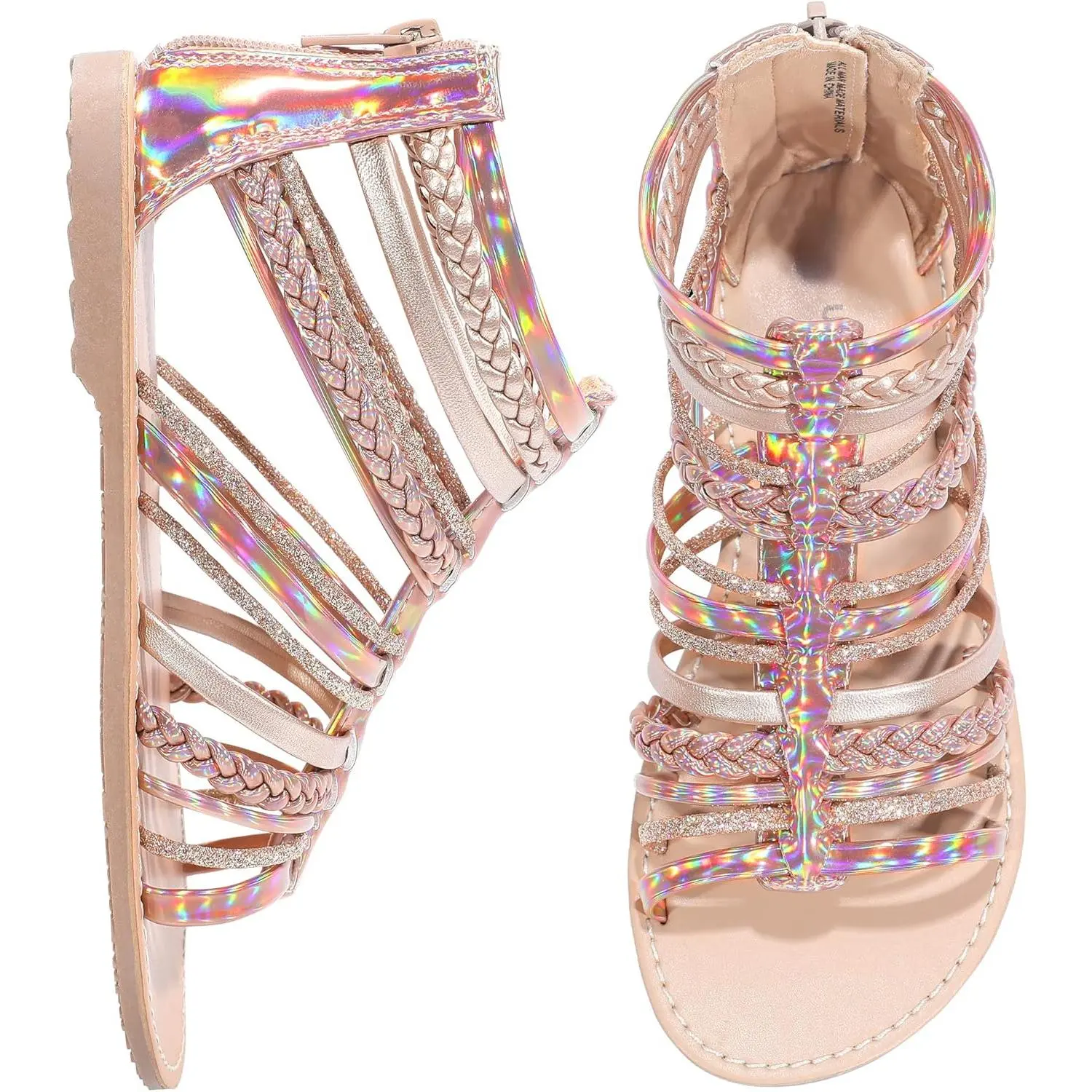 SHOESLOCKER Girls' Gladiator Sandals, Open Toe Heels, Glitter Strapped, Summer Flat Ankle Sandals with Heel Zipper for Little & Big Kids (Rose Gold, Multicolor), Glitter Straps, Sparkly Sandals, Back Zipper