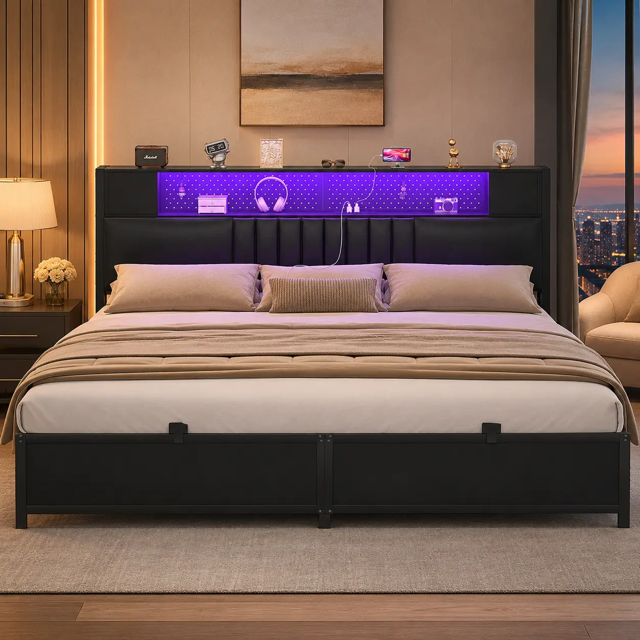 Homieasy King Size Bed Frame with Upholstered Storage Headboard and Charging Station, Luxury Cool Smart King Bed with LED Light, Black Platform Bed with Sturdy Metal Slat Support, No Box Spring Needed, Noise-Free, Black