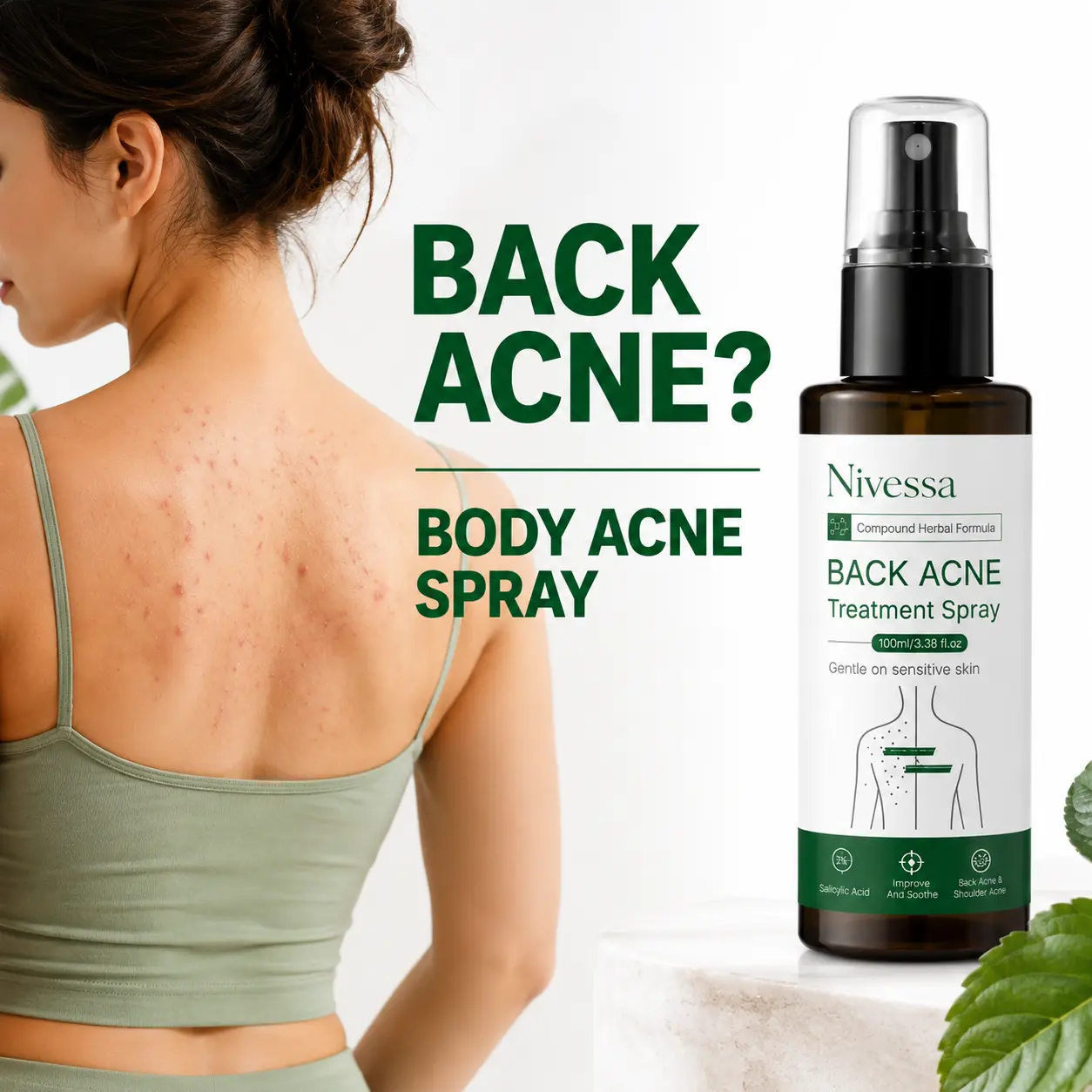 Nivessa Salicylic Acid Body Spray for Back Acne, Blemish-Prone Skin Body Mist with Urea & Centella Asiatica, Exfoliating Body Care Spray