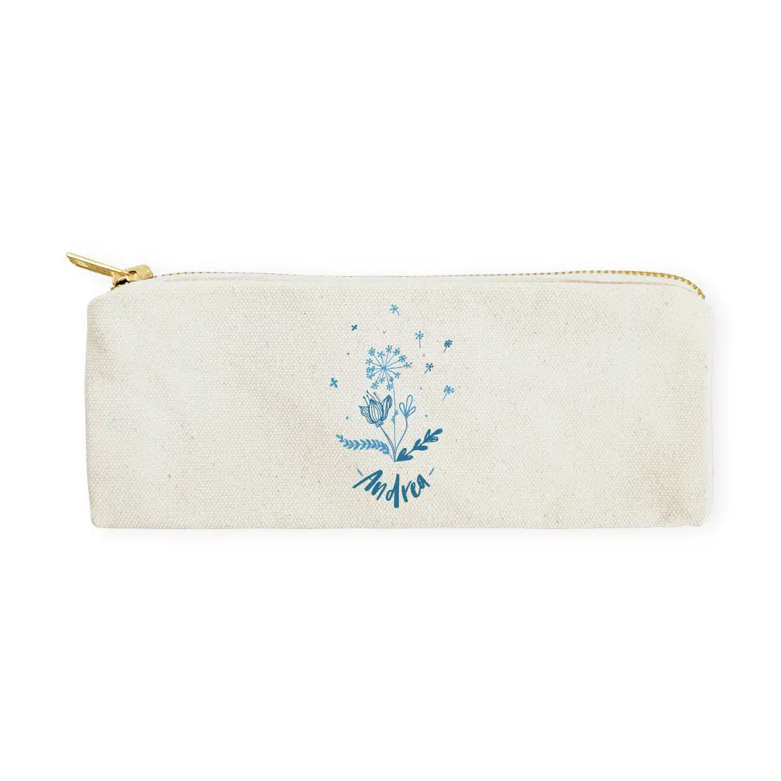 Personalized Name Blue Floral Cotton Canvas Pencil Case and Travel Pouch