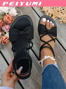 Women's Fashion Sandals, Elegant Bow And Criss-Cross Strap Design, Bowknot Design Sandals, Comfortable And Versatile, Suitable For Various Occasions, Multiple Color Options, Casual Trendy Sandals, Casual Flat Sandals, Casual Summer Footwear