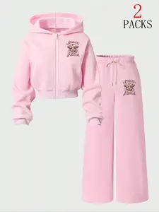 Women's Zipper Hoodie Set, Sweatsuit Matching Set, Slim Fit Comfortable Casual Sportswear, Cartoon Bull Head Letter Pattern, Y2K Style, Fall & Winter
