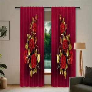 2-piece set - Wine Red Golden Rose printed filter window curtain, pole curtain, suitable for living room, bedroom and home decoration. Easy to clean, machine washable