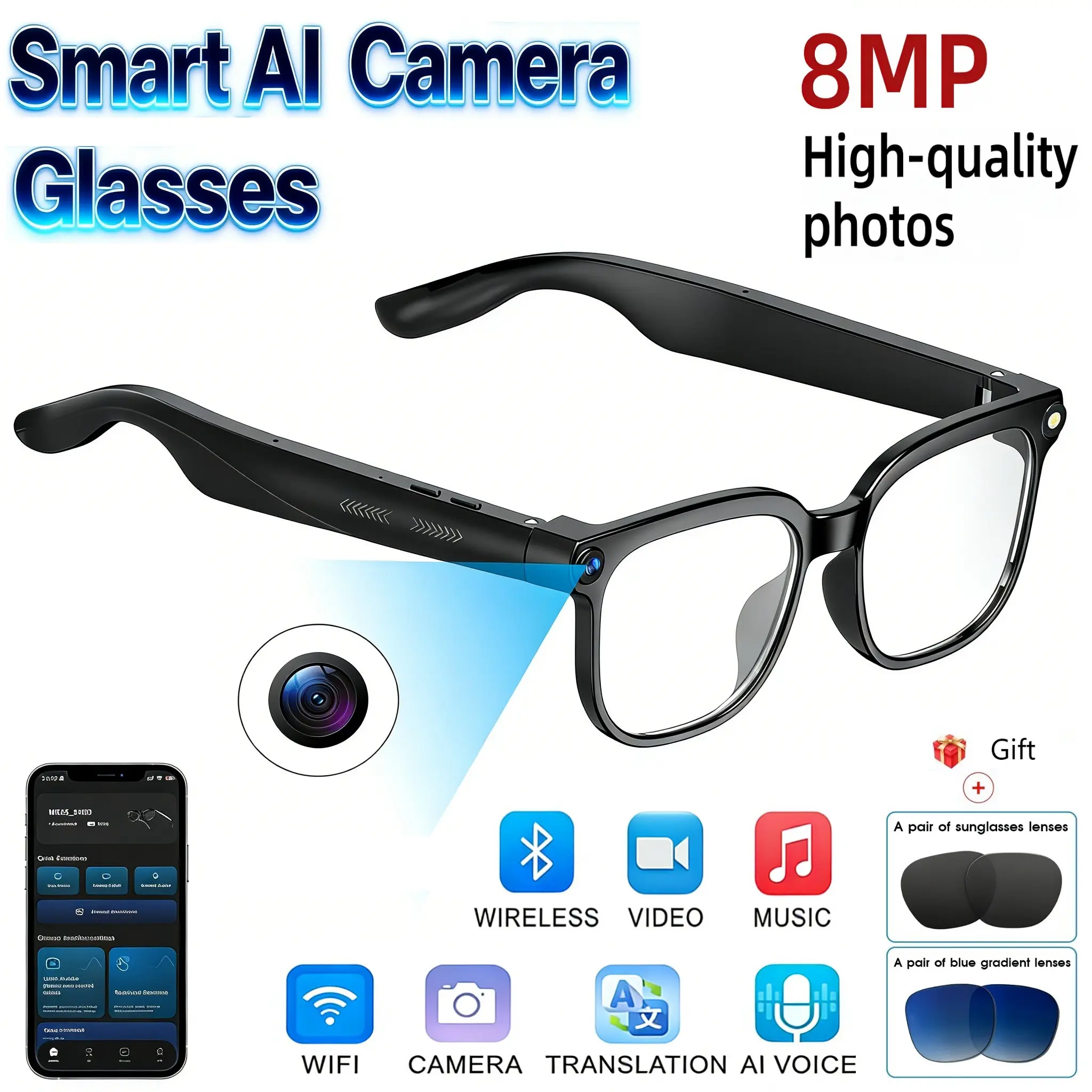 Smart Photochromic Camera Wearable Device – 8MP Lens Smart Glasses with Button Touch Adjustment, Hands-Free Photography/Video Recording, 160-Language Translation, Bluetooth, UV Protection, Magnetic USB, Memory, Cool Gadgets for Travel, Father's Day Gifts,