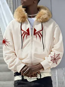 Men's Spider Web Print Fleece Hoodie with Zipper, Dark Street Style Retro Windbreaker, Casual Fall & Winter Jacket
