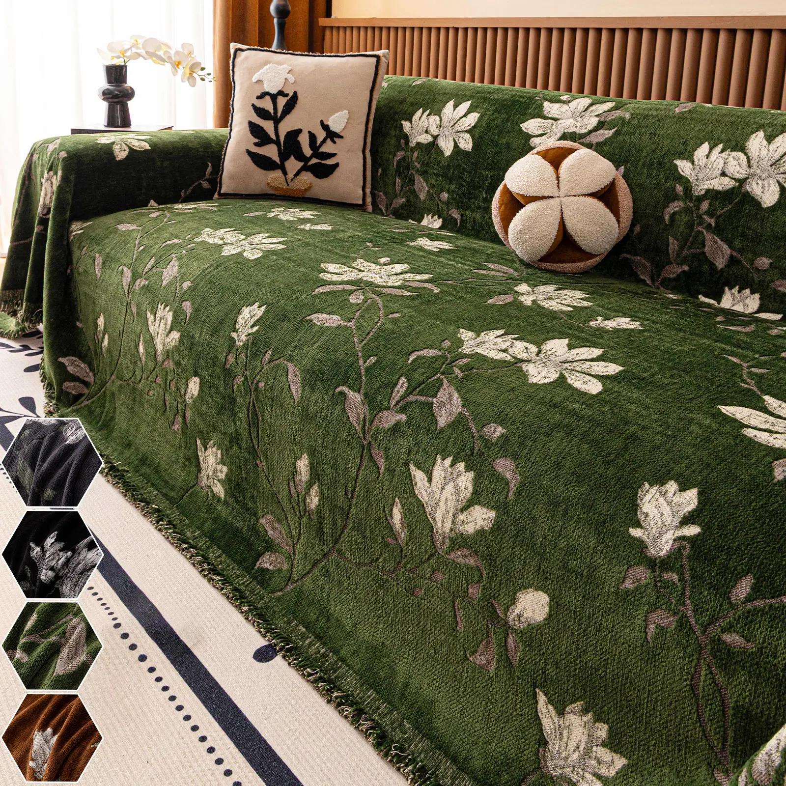 Vintage Jade Flower Chenille Sofa Cover, Sofa Slipcover, Non-Slip Full Coverage Pad, All-Seasons Decorative Throw Blanket, Sofa Couch Covers, Slipcover For Sofa, 1pc