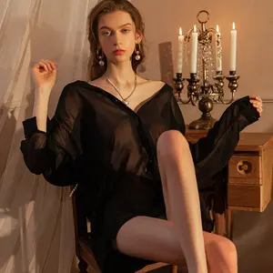 Women's Solid Color See-Through Shirt - Loose Long Sleeve Polyester Loungewear - All-in-One Playful Nightwear