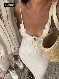 Women's Polka Dot Print Frill Trim Tie Front Cami Dress, Casual Boho Style Fitted Adjustable Strap Zipper Back Midi for Summer, Capri Sun Ladies Clothes Beach Holiday, Fashion, Chic, Fashionable, Elegant, Formal