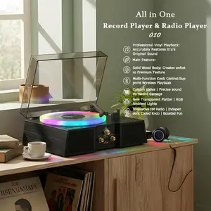 Myvision RGB Vinyl Record Player - 3-Speed Bluetooth Portable Turntable with FM Radio, Rechargeable Battery, High-Power Stereo Speakers, Subwoofer, RCA Line Out, AUX In, Headphone Jacks, Supports 33-1/3, 45, 78 RPM & 7, 10, 12-in Records, Music Vinyl