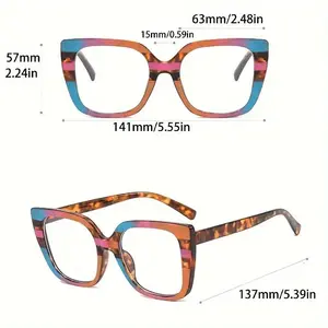 Large Square Non-Prescription Glasses – Color Block Leopard Print Chain Decor Fashion Eyewear for Daily & Formal Wear