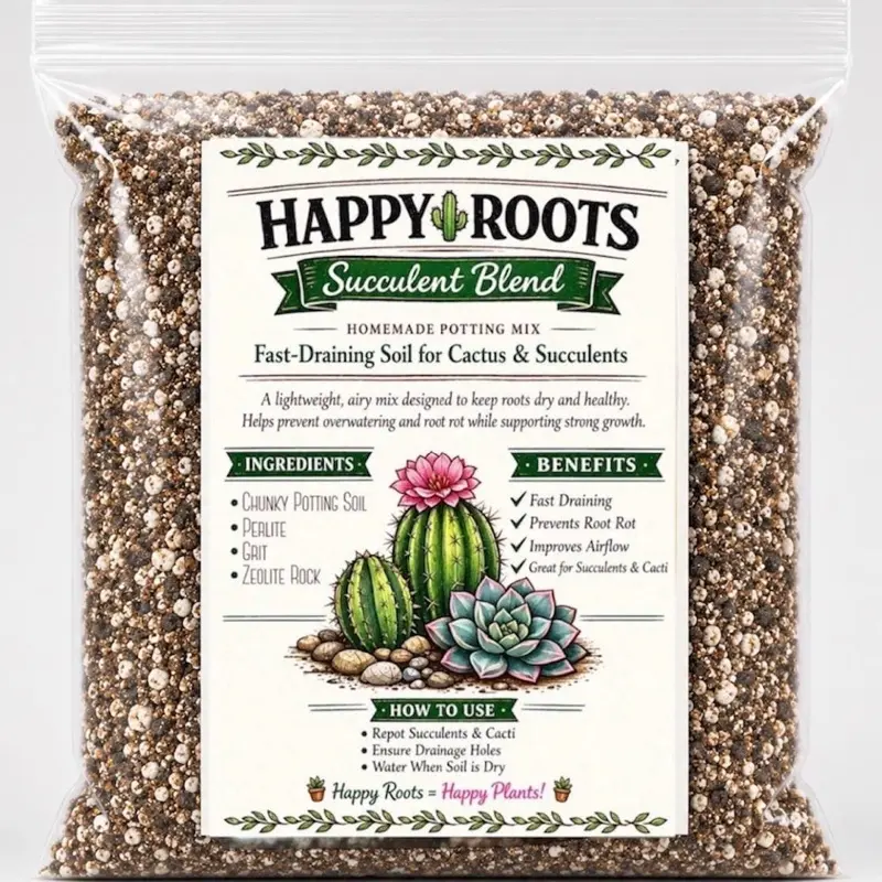 1.5 lbs Eco-Friendly Happy Roots Succulent Blend Potting Mix - Premium Homemade, Fast-Draining Soil for Cacti (1.5 Qt)