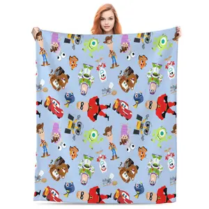 [SummerVibes] DISNEY CLASSIC Pixar Characters Pattern Throw Blanket – Cartoon Style on Soft Blue Background, Perfect for Fans of Pixar Movies