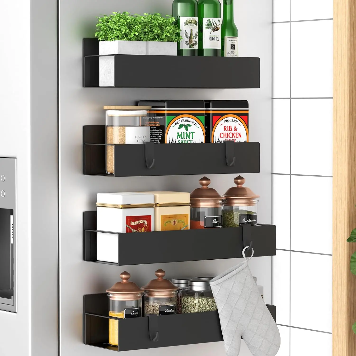 4-Pack Black Metal Magnetic Spice Rack Organizer with Hooks, Durable Adjustable Storage for Refrigerator, Oven, Kitchen Home Organizer,Multifunctional Organizer