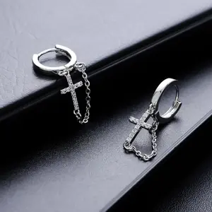 Punk Jewelry Titanium Steel Huggie Hinged Hoop Earrings Cross Long Chain Dangle Drop Earrings